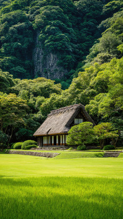 A traditional Japanese house with a thatched roof is set in a verdant landscape. The house is surrounded by a vibrant green lawn and trees. Sunlight illuminates the scene, creating a sense of tranquility. This image is suitable for various commercial and editorial uses related to nature, architecture, and travel.の素材
