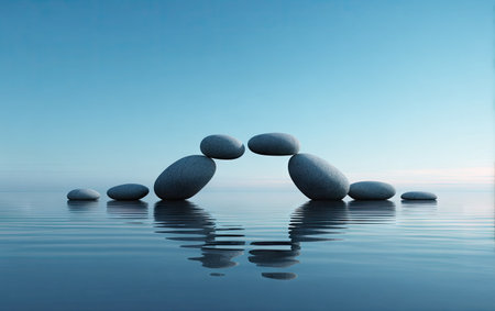 A serene scene displays an arch constructed from rounded stones, mirrored in calm water. The cool color palette of blues and grays, along with soft lighting, suggests a sense of peace and tranquility. This image is suitable for various commercial applications, including web design and editorial content.の素材