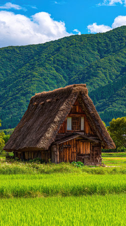 A rustic wooden structure with a thatched roof stands amid vibrant green fields, set against a backdrop of lush, mountainous terrain. The composition highlights the contrast between the natural environment and the constructed building, bathed in daylight. This image is suitable for a variety of uses, including editorial and commercial applications.の素材