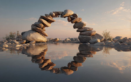 A stone arch, meticulously constructed, gracefully spans tranquil water, mirroring its form. Soft, natural lighting bathes the scene, enhancing the textural details of the stones. The composition, framed against a blurred background, evokes a sense of peace and harmony. Ideal for illustrating concepts such as balance and nature.の素材