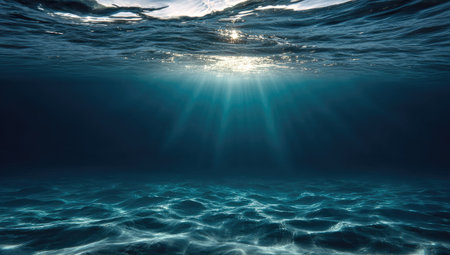 An underwater perspective shows sunlight piercing the water's surface, illuminating the depths below. The image displays a composition of dark blues and subtle textures. The aquatic environment suggests themes of exploration. Ideal for various commercial and editorial applications.の素材