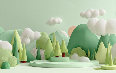 A vibrant 3D render presents a stylized landscape with rolling green hills, cartoon-like trees, and fluffy white clouds. The scene features soft, pastel colors and a clean, minimalist aesthetic. This image could be used for various projects, including digital art, website design, and marketing materials, offering a fresh and appealing visual.の素材