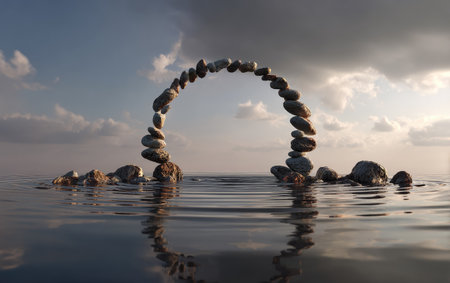 An archway of stones is carefully balanced over calm water, reflecting the shape above. The composition features a muted color palette with soft lighting, suggesting a serene environment. This image could be useful for illustrating concepts of balance, architecture, and natural forms, perfect for various design applications.の素材