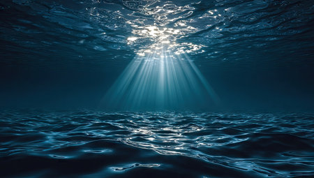 This image showcases an underwater view with sunbeams piercing the water's surface. The scene is dominated by deep blue hues, with light filtering down through the water. The composition emphasizes the texture of the water and the play of light. Suitable for various commercial and editorial projects.の素材