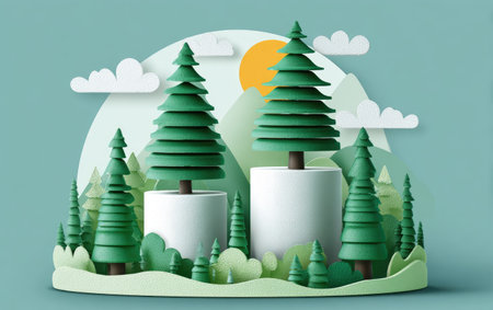 This illustration features a forest landscape rendered in a colorful, simplified style. The scene prominently displays several stylized evergreen trees with cylindrical bases. The design incorporates bright colors, with a round sun and fluffy clouds in the background. This imagery is suitable for various commercial and editorial applications.の素材