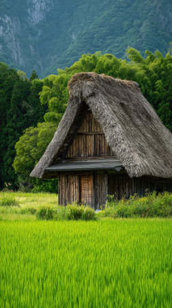 An old wooden house with a thatched roof stands within a lush green field. The image shows rich colors of nature with the house as the focal point. The composition features a bright, sunny day, suitable for diverse editorial and commercial applications.の素材