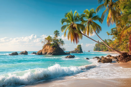 A picturesque coastal view showcases a sandy beach with palm trees swaying in the breeze. Turquoise water meets the shore, creating foamy waves. The image displays a bright blue sky with scattered clouds. This serene scene can be used in travel, tourism, or nature-related projects.の素材