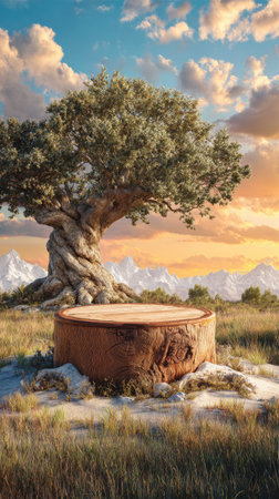 A tree with a textured trunk sits above a wooden podium surrounded by grass. The composition emphasizes a dynamic interplay of nature and a structured platform. The scene is bathed in the warm light of a sunset, with mountains in the distance. Suitable for showcasing products or concepts in a natural setting.の素材