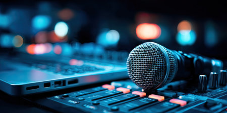 A close-up captures a microphone resting on an audio mixing console, accompanied by a laptop. The scene showcases a dark, moody ambiance with a shallow depth of field, and blurred bokeh lights. The lighting suggests an indoor studio setting, appropriate for music production or audio recording projects. Potential commercial uses include media, or creative content.の素材