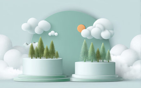 A whimsical illustration presents two podiums each supporting miniature evergreen trees. Puffy white clouds and a small orange sun are placed across a soft blue-green background. The scene employs a 3D-rendering style with soft shadows. This image is suitable for decorative design and various creative uses.の素材