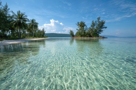 The image captures a serene coastal scene with crystal-clear water. Palm trees line the shore beneath a bright blue sky dotted with clouds. The composition highlights the interplay of light and water, featuring textured water and vibrant colors. This image is suitable for various commercial applications such as travel and environmental themes.の素材