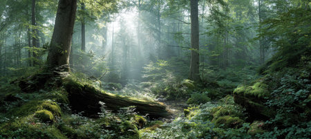 A forest scene is shown with trees, undergrowth, and moss-covered ground. Sunlight filters through the trees, creating a dappled effect on the forest floor. The image uses natural lighting. This photo could be used for environmental, or nature-themed commercial and editorial purposes.の素材