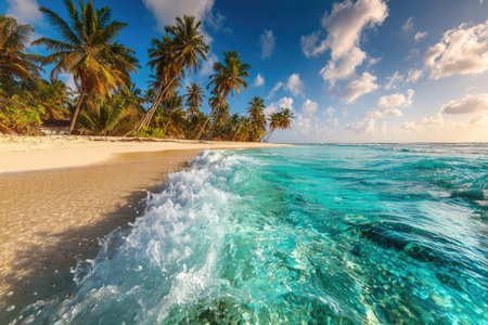 A scenic view displays a sandy beach bordering crystal-clear turquoise water. Lush palm trees sway in the breeze under a blue sky dotted with fluffy white clouds. Bright sunlight illuminates the scene, showcasing the natural beauty. This image could be used for various commercial and editorial purposes.の素材