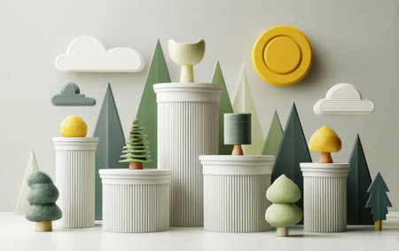 A whimsical studio scene presents a collection of stylized natural elements. Features include geometric shapes resembling trees, clouds, and a sun. The image uses a muted color palette and soft textures. Could be suitable for various commercial and editorial applications.の素材