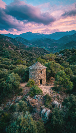 A stone tower stands amidst lush green trees, framed by rolling hills and a vibrant sky. The composition is vertical, with the tower as the central subject. Colors include various shades of green, blue, and pink, suggesting a natural outdoor setting, possibly at dusk or dawn. Suitable for diverse commercial applications, this image is versatile.の素材