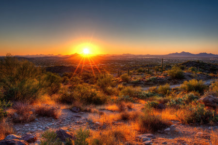 A vibrant sunrise illuminates a desert landscape, showcasing warm colors. The composition features a sunburst effect emanating from the horizon, casting long shadows. The scene presents a rugged, natural environment. Potential uses include landscape photography and editorial content.の素材