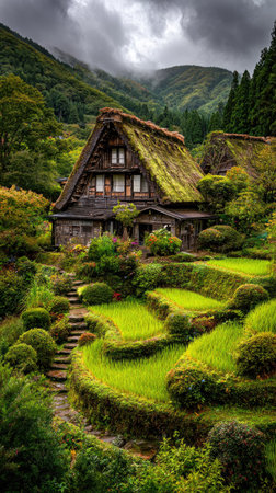 This image showcases a traditional house featuring a thatched roof, surrounded by vibrant green vegetation. The composition highlights terraced fields and a winding pathway. The style evokes a sense of tranquility, with soft lighting suggesting an overcast day. Potential uses include illustrating rural life and natural settings.の素材