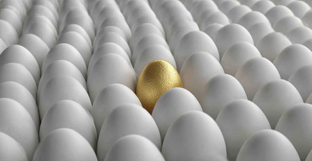 A golden egg stands out from a crowd of white eggs in this close-up shot. The composition displays a soft focus background with eggs in a repeating pattern. The lighting highlights the textures of the shells. This image might be suitable for concepts related to individuality or uniqueness.の素材