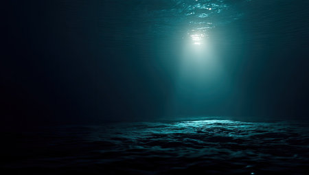 An underwater composition features a beam of light filtering down from the surface, illuminating the murky depths. The scene is dominated by dark blues and greens. The textured seabed adds visual interest. This image is suitable for various creative projects needing an atmospheric backdrop or concept illustration.の素材