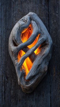 A driftwood sculpture, featuring intricate organic shapes, is lit from within by a vibrant orange light. The sculpture's textured surface contrasts with the soft glow, creating a visually compelling display. Set against a backdrop of aged wood, this image could be used for artistic projects or designs.の素材