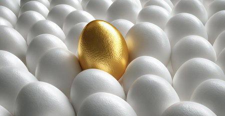 A single golden egg is surrounded by numerous white eggs in this image. The eggs appear to be in a studio setting, arranged in a repeating pattern. The lighting is even, and the composition is simple, offering copy space and suited for illustrating themes of success or originality.の素材