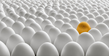 A single golden egg is positioned amidst a field of numerous white eggs. The composition highlights the contrast in color and texture, emphasizing the unique characteristics of the subject. The lighting appears soft and diffused, suggesting a studio or controlled environment. This image could be used for commercial or conceptual purposes.の素材