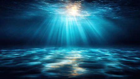 This image showcases an underwater environment with beams of sunlight penetrating the dark blue water. The composition features rippling water textures and dramatic lighting, creating a sense of depth. Suitable for various commercial applications, this visual is adaptable for use in designs related to aquatic themes, nature, and tranquility.の素材