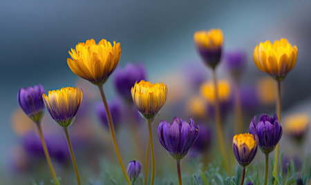 The image showcases various yellow and purple flowers in full bloom, set against a blurry backdrop. The composition uses shallow depth of field to highlight the flowers' textures and colors. It evokes a sense of natural beauty. The photograph could be used for decorative purposes or to illustrate concepts related to botany and nature.の素材