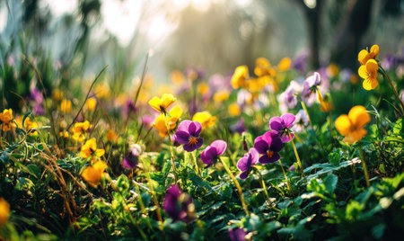A close-up showcases a vibrant field of pansies with yellow and purple petals. The flowers are set against a blurred background of green foliage, with bright sunlight filtering through the scene. The composition and color palette may be suitable for nature-themed designs or commercial applications.の素材
