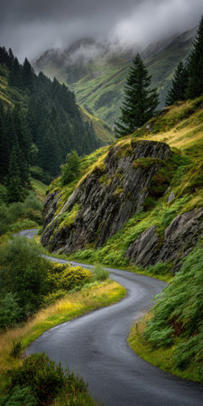 A scenic view of a winding road through a verdant mountain valley. The landscape features a dark asphalt road contrasting with the vibrant green foliage and rugged rock formations. Overhead, the overcast sky creates a soft lighting, adding to the naturalistic aesthetic. Suitable for editorial and commercial uses.の素材