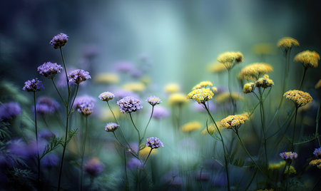 A serene image showcases wildflowers, both purple and yellow, against a softly blurred background. The composition emphasizes natural beauty, with an abundance of delicate blooms. The use of color and depth suggests a tranquil outdoor environment, suitable for various commercial or artistic purposes.の素材