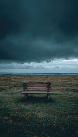 A solitary wooden bench sits in a vast grassy field beneath a turbulent, overcast sky. The scene features a muted color palette with shades of green, brown, and gray, suggesting a somber mood. The composition highlights the bench as a focal point against the backdrop of a darkened horizon, potentially suitable for editorial or artistic uses.の素材