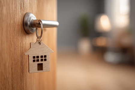 A close-up captures a wooden house-shaped keychain hanging from a door handle. The warm wooden door contrasts with the metallic handle. Soft focus suggests an interior setting with blurred lights and objects. This image is suitable for real estate concepts, home ownership themes, and related editorial content.の素材