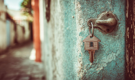 A close-up captures a weathered door and handle with a key shaped like a small house. The scene presents textures with an aged aesthetic. The lighting suggests daytime, potentially outdoors. This image could be utilized for concepts relating to real estate, security, or home ownership for various commercial purposes.の素材