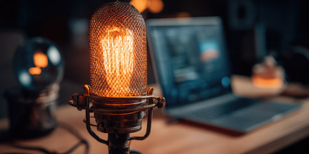 A vintage microphone with a warm, glowing bulb is the central subject, positioned on a wooden desk. A laptop screen is visible in the background, suggesting recording or editing activity. The scene is bathed in soft, warm lighting, creating a cozy atmosphere suitable for editorial and commercial applications.の素材