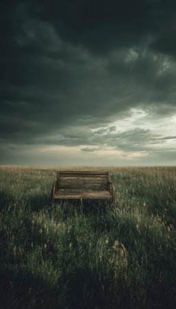 An old wooden bench rests in a field of tall grass beneath a moody, dark sky. The scene is characterized by a natural color palette of greens and browns, and it conveys a sense of solitude. The image may be suitable for editorial use and could be used to evoke contemplation.の素材
