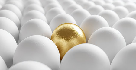 A single golden egg contrasts with a multitude of white eggs in a close-up image. The composition highlights the visual disparity, emphasizing color and texture differences. The lighting creates soft shadows, suggesting a studio environment. This image could be suitable for various commercial or editorial applications.の素材