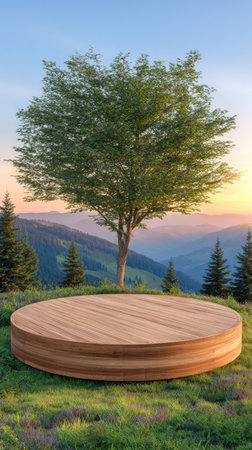A round wooden platform stands on a grassy hill, with a large tree behind it. The scene features lush green foliage and a serene mountain range in the distance. Soft lighting and a colorful sky create a sense of calm. This image could be used for product displays or environmental concepts.の素材