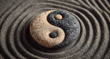 A close-up image showcases a Yin Yang symbol sculpted from stone, resting on raked sand. The stone exhibits contrasting black and beige hues, while the sand features concentric circular patterns. The lighting appears natural, enhancing the texture and depth. This image could be used for illustrating concepts of balance or wellness.の素材