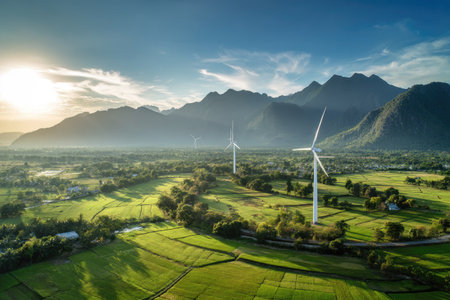 An aerial view depicts wind turbines situated amidst a vibrant green landscape, with rolling hills in the distance. The turbines stand tall, capturing the sun's rays. This scenic composition, enhanced by warm sunlight and a clear sky, is well-suited for editorial content and environmental projects.の素材