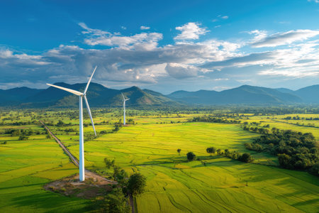 An aerial perspective showcases wind turbines in a vibrant green field under a bright blue sky dotted with clouds. The scene presents a wide landscape with rolling hills and hints of trees, illuminated by natural daylight. This image could be used for various commercial or editorial purposes related to sustainability.の素材