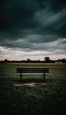 A wooden bench sits alone on a green field beneath a sky filled with dark, ominous clouds. The image features muted colors, with textures emphasizing the grass and the sky. The composition suggests a sense of solitude within an outdoor environment. Suitable for various commercial and editorial applications.の素材