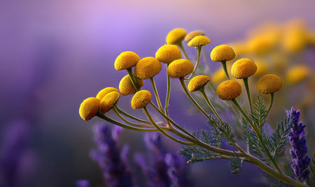 Close-up captures yellow wildflowers in full bloom, set against a soft, blurred purple backdrop. The image showcases delicate textures and vibrant colors under natural lighting. Suitable for a variety of uses, this photograph could enhance designs related to nature or botanical themes.の素材