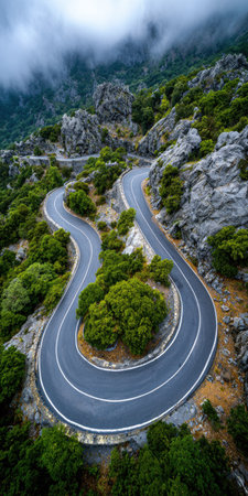 An aerial perspective showcases a curved road traversing a mountainous landscape. The asphalt road meanders through verdant trees and alongside rocky cliffs. The composition is filled with shades of green, gray, and blue. Suitable for various commercial projects and conceptual representation of travel and exploration.の素材