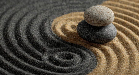Two stones rest atop each other in a Zen garden arrangement. The background showcases a textured sand design with contrasting dark and light sections. The composition emphasizes balance, with soft lighting and curved lines. Ideal for projects related to meditation, wellness, and harmony.の素材