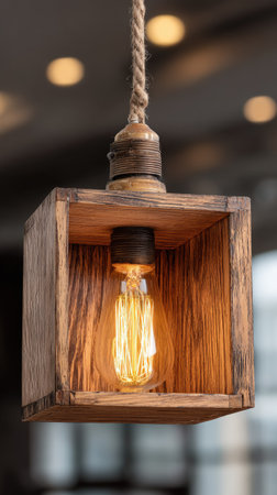 An overhead view captures a square wooden light fixture with an Edison bulb. The fixture has a natural, rustic aesthetic with visible wood grain and warm, inviting light. The design suggests an indoor setting, potentially for home decor or architectural applications. This image could be used for design, lifestyle, and interior themes.の素材