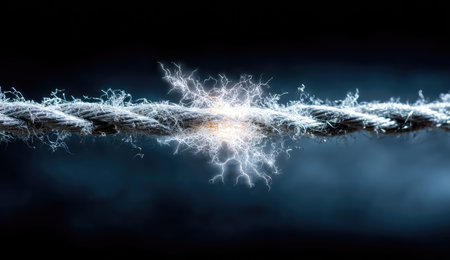 A close-up captures a fraying rope with an electric spark illuminating the point of separation against a dark backdrop. The rough texture of the rope contrasts with the bright energy display. This image showcases a conceptual representation with potential applications in science, technology, or design projects.の素材