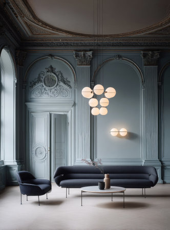 A modern living room is presented, featuring stylish furniture and lighting. The scene displays a sofa, armchair, and a coffee table, arranged against a backdrop of architectural details. The color palette is composed of muted tones. This image could be used for interior design, home decor, or lifestyle publications.の素材