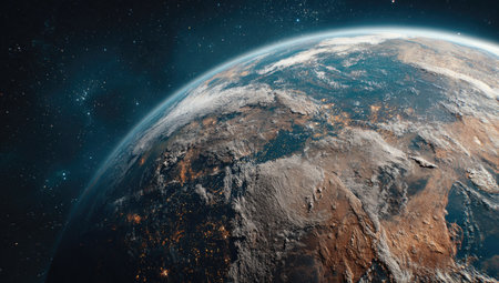 A stunning depiction of planet Earth, showcasing continents and oceans from a high vantage point in space. The image presents a detailed view of the planet's surface, with natural colors and textures. The scene is set against a cosmic backdrop of stars, suitable for various visual projects and editorial applications.の素材