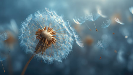 A macro shot showcases a dandelion with its delicate seeds in flight. The image displays a soft, blurred backdrop, enhancing the focus on the central subject. The color palette is dominated by blues and whites, with the seeds appearing light and airy. This imagery could be used for various projects like websites or print media.の素材